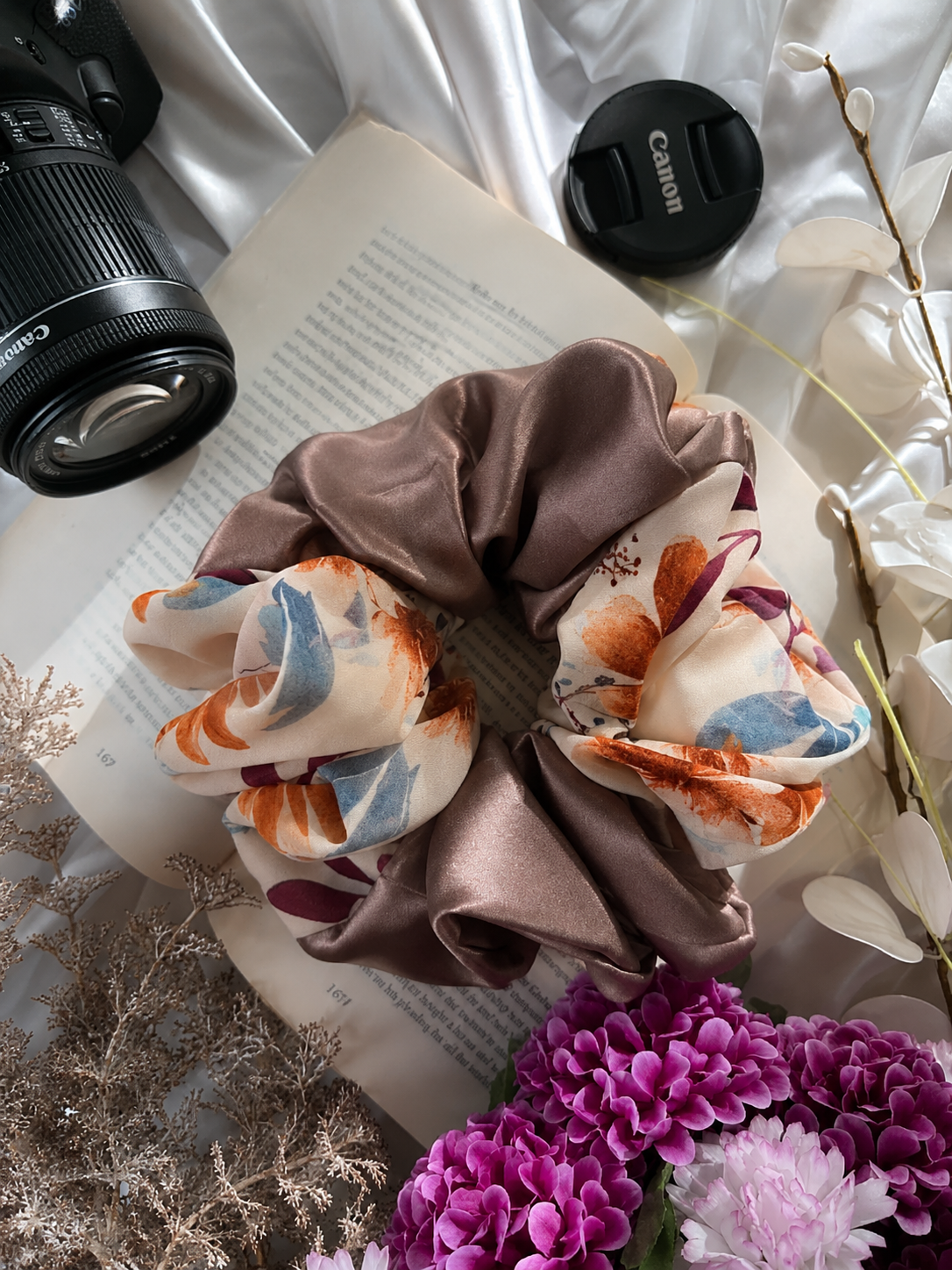 Mocha Blossom Silk Chiffon XL Scrunchie